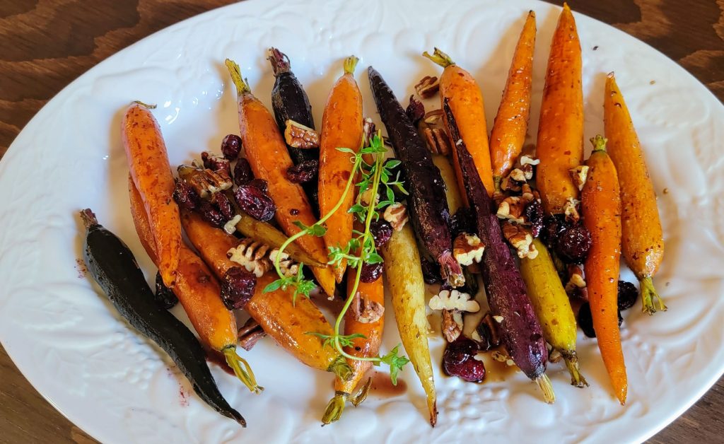 Roasted Carrots with Maple, Balsamic, Cranberries and Pecans