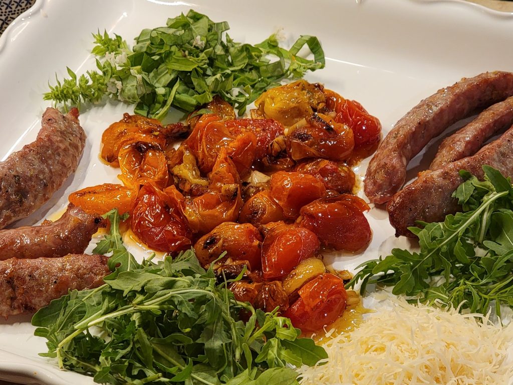 Roasted Tomatoes, Garlic, and Italian Sausage Sheet Pan Dinner (Gluten Free)