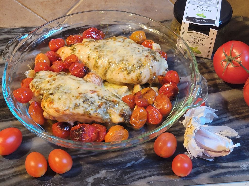 Cheesy Pesto Chicken with Baby Heirloom Tomatoes (Gluten Free)