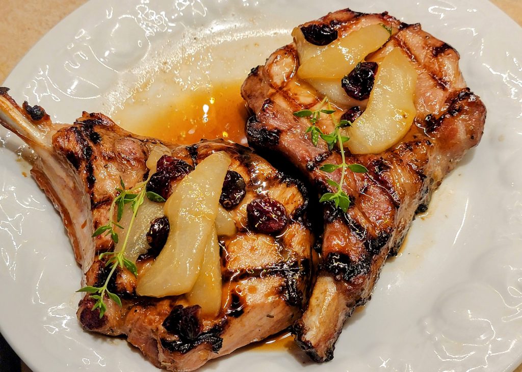 Maple Brandy Pears over Grilled Pork Chops (Gluten Free)
